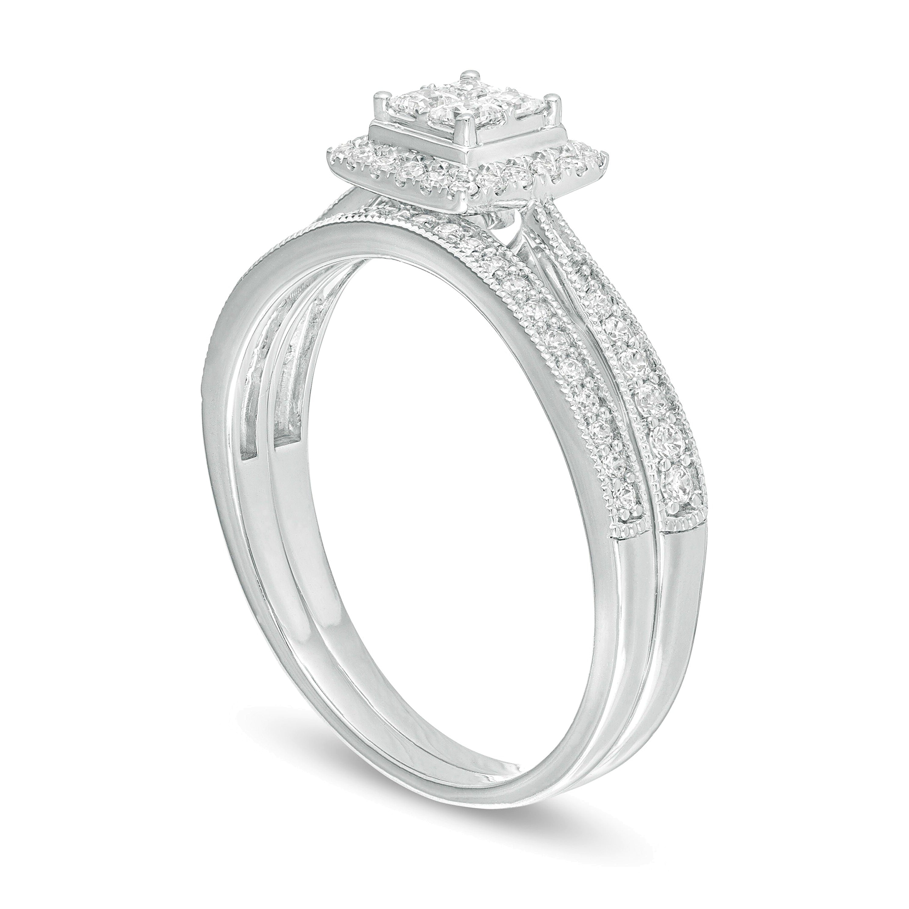 0.38 CT. TW Quad Princess-Cut Diamond Frame Vintage-Style Bridal Set in 10K White Gold