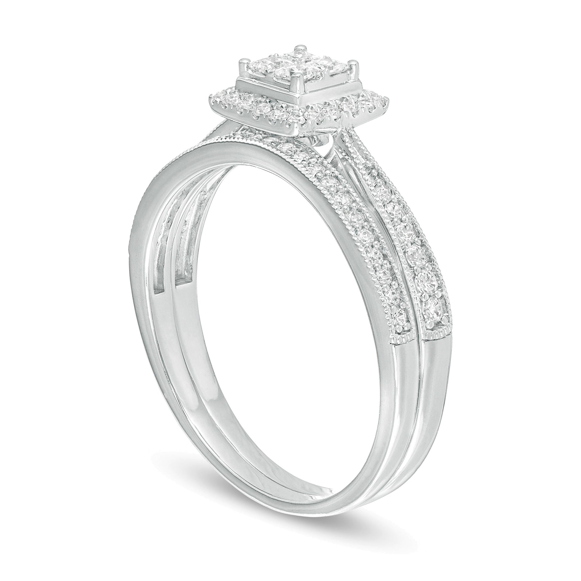 0.38 CT. TW Quad Princess-Cut Diamond Frame Vintage-Style Bridal Set in 10K White Gold