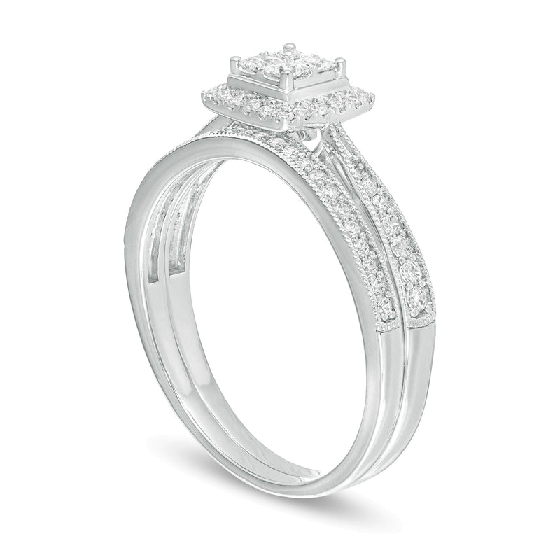 0.38 CT. TW Quad Princess-Cut Diamond Frame Vintage-Style Bridal Set in 10K White Gold