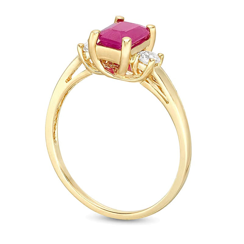 Emerald-Cut Ruby and 0.2 CT. TW Diamond Three Stone Ring in 14K Gold