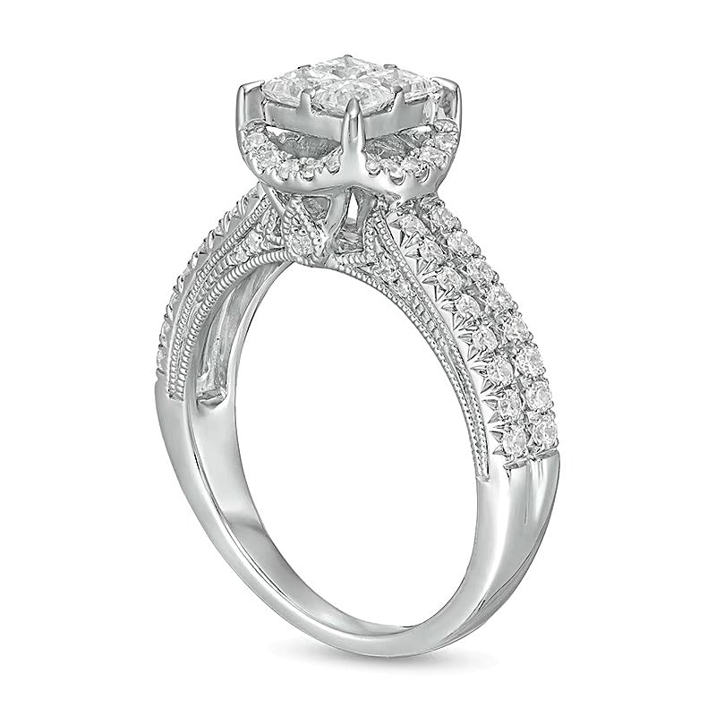 1.0 CT. TW Princess-Cut Quad Diamond Frame Vintage-Style Engagement Ring in 14K White Gold
