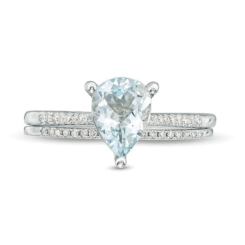 Pear-Shaped Aquamarine and 0.13 CT. TW Diamond Bridal Set in 10K White Gold