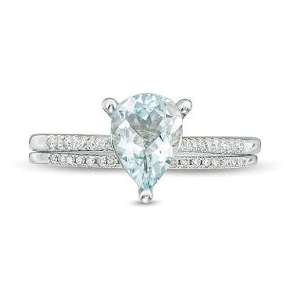 Pear-Shaped Aquamarine and 0.13 CT. TW Diamond Bridal Set in 10K White Gold
