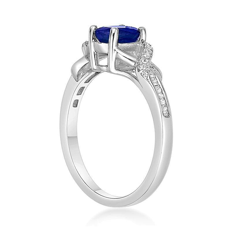 Oval Blue Sapphire and 0.17 CT. TW Diamond Crossover Split Shank Ring in 10K White Gold