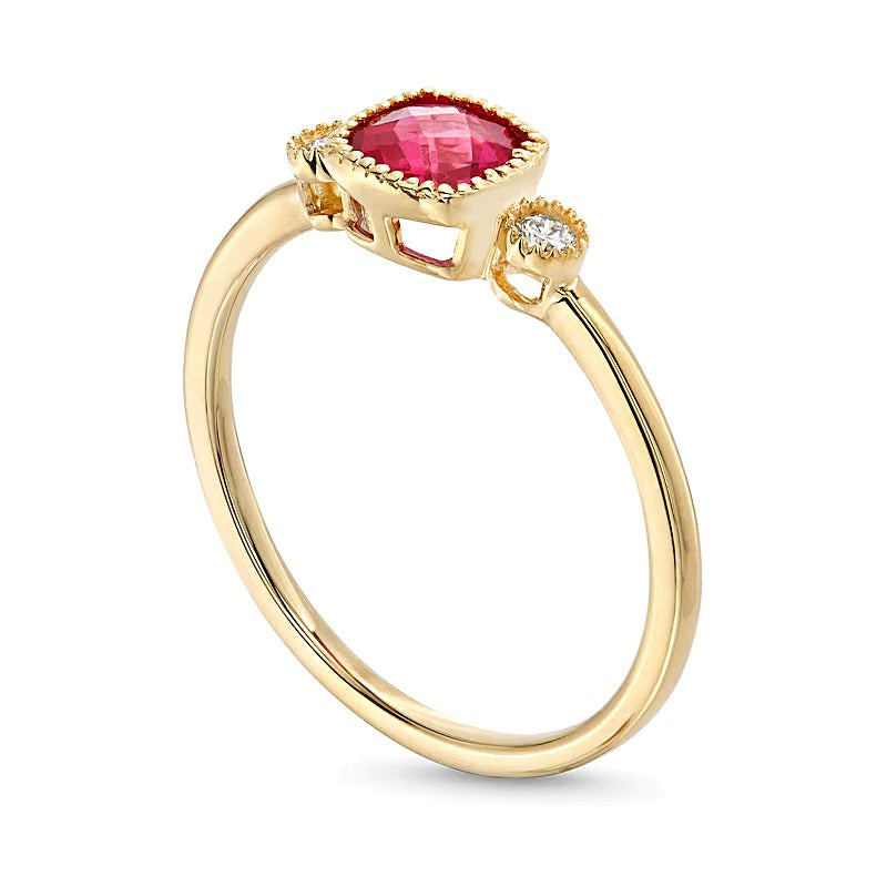 5.0mm Cushion-Shaped Lab-Created Ruby and 0.05 CT. TW Diamond Vintage-Style Ring in 10K Gold