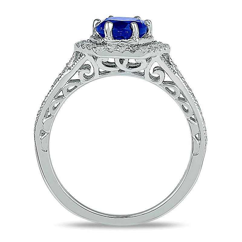 7.0mm Lab-Created Blue Sapphire and 0.38 CT. TW Diamond Bridal Set in 10K White Gold