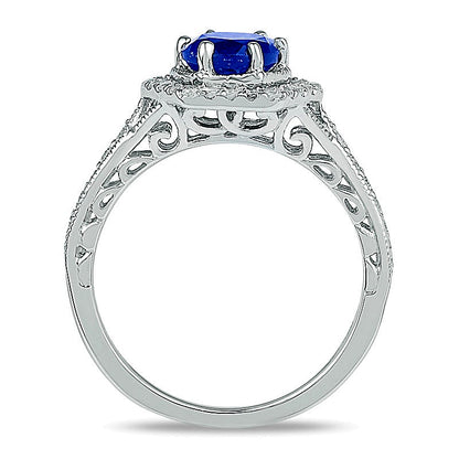 7.0mm Lab-Created Blue Sapphire and 0.38 CT. TW Diamond Bridal Set in 10K White Gold
