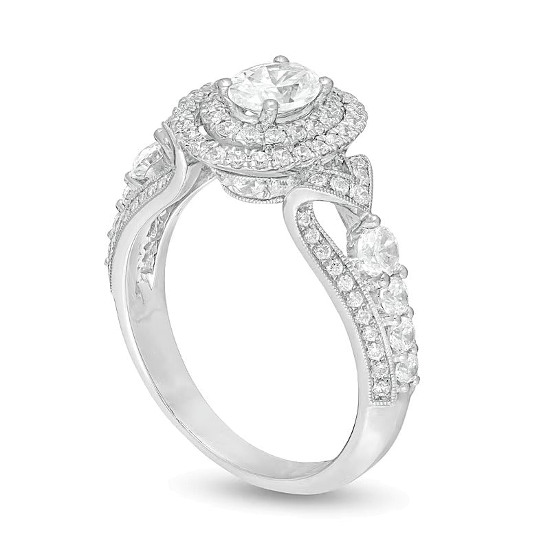 1.63 CT. TW Oval Diamond Double Frame Vintag-Style Engagement Ring in 14K White Gold
