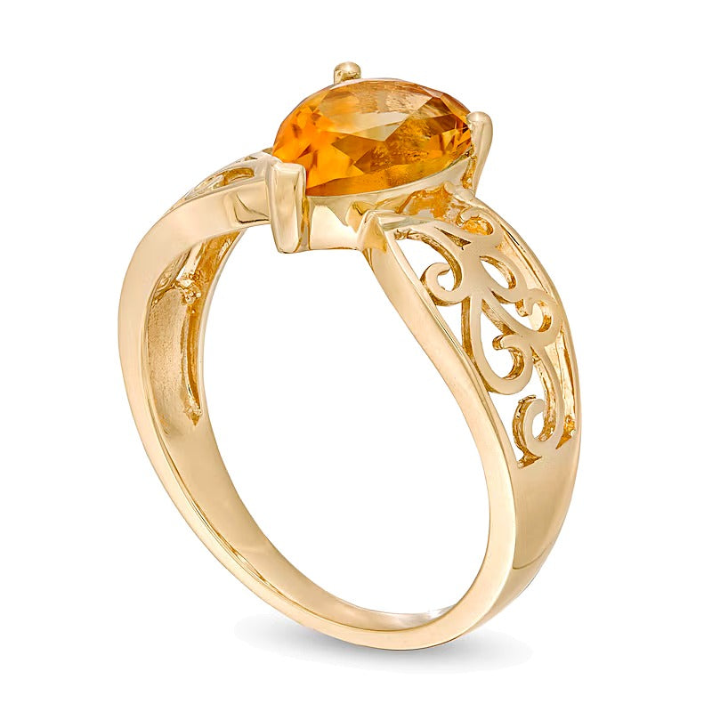 Pear-Shaped Citrine Wide Filigree Ring in 10K Gold
