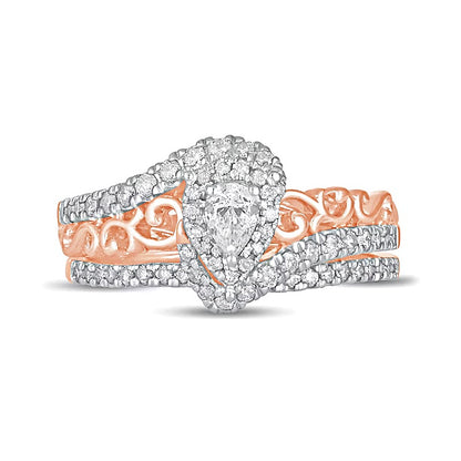 0.63 CT. TW Pear-Shaped Diamond Double Frame Filigree Bypass Bridal Set in 10K Rose Gold
