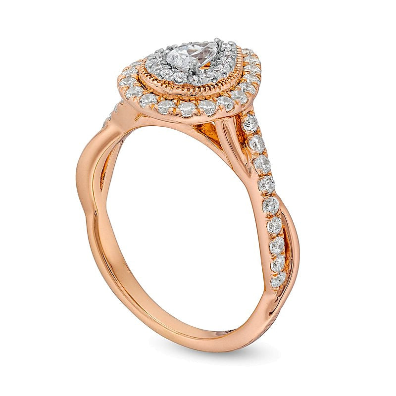 0.75 CT. TW Pear-Shaped Diamond Double Frame Twist Shank Engagement Ring in 10K Rose Gold