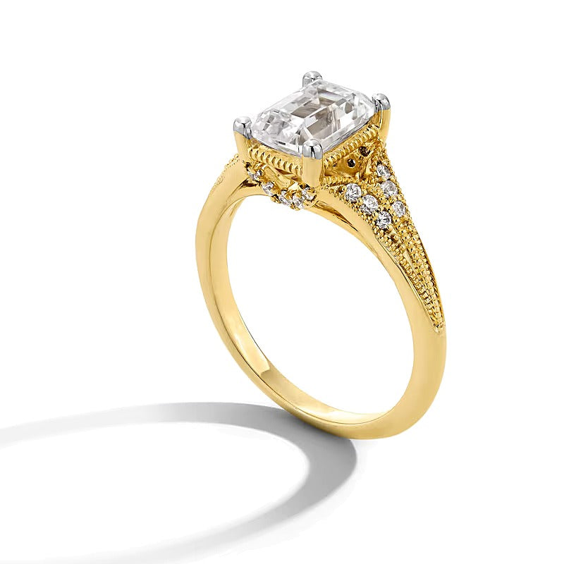2.17 CT. TW Emerald-Cut Lab-Grown Diamond Split Shank Vintage-Style Engagement Ring in 14K Gold (F/VS2)
