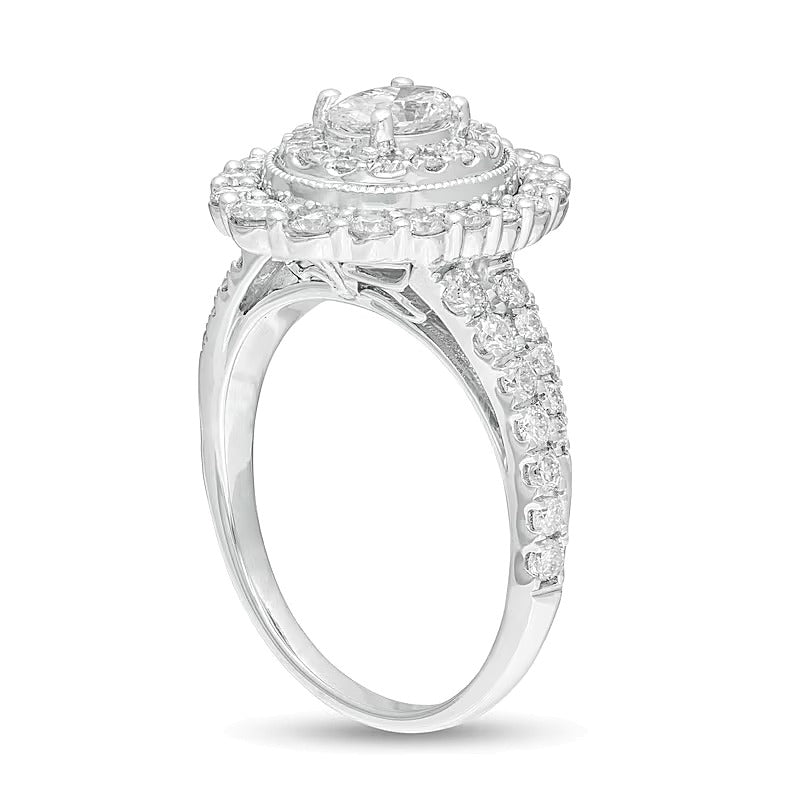 1.5 CT. TW Oval Diamond Double Frame Vintage-Style Engagement Ring in 14K White Gold