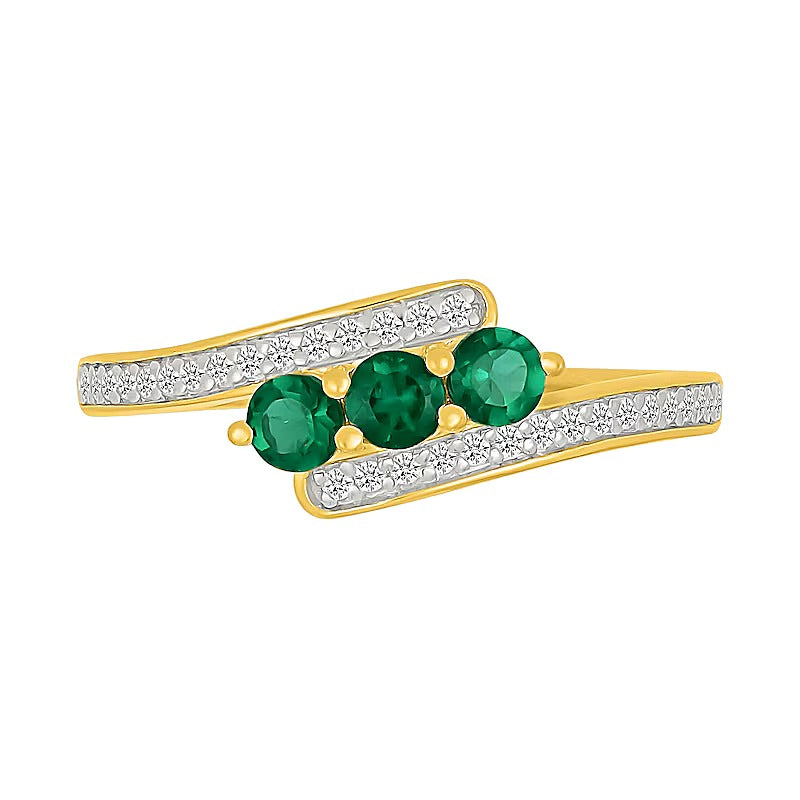 Lab-Created Emerald and 0.17 CT. TW Diamond Three Stone Bypass Ring in 10K Gold