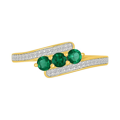 Lab-Created Emerald and 0.17 CT. TW Diamond Three Stone Bypass Ring in 10K Gold