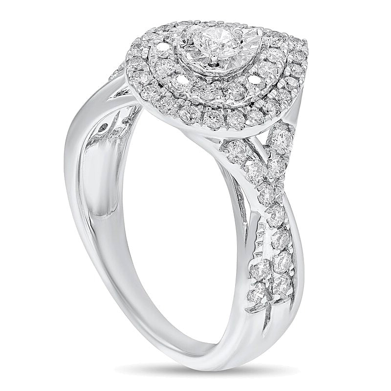 1.0 CT. TW Diamond Double Teardrop Frame Twist Shank Engagement Ring in 10K White Gold