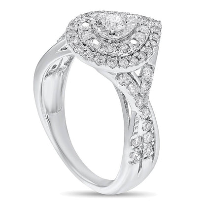 1.0 CT. TW Diamond Double Teardrop Frame Twist Shank Engagement Ring in 10K White Gold
