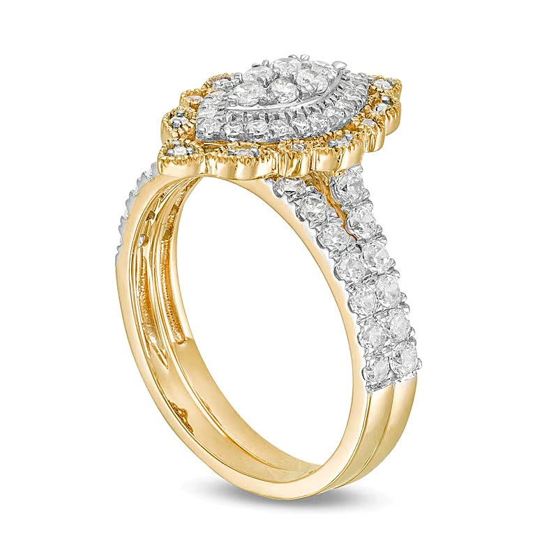 1.0 CT. TW Multi-Diamond Scallop Marquise Frame Vintage-Style Bridal Set in 10K Gold