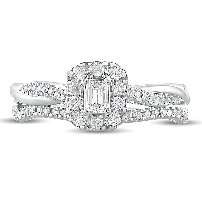 0.5 CT. TW Emerald-Cut Diamond Frame Twist Shank Bridal Set in 10K White Gold