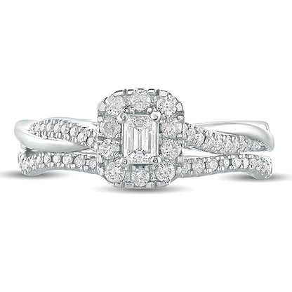 0.5 CT. TW Emerald-Cut Diamond Frame Twist Shank Bridal Set in 10K White Gold