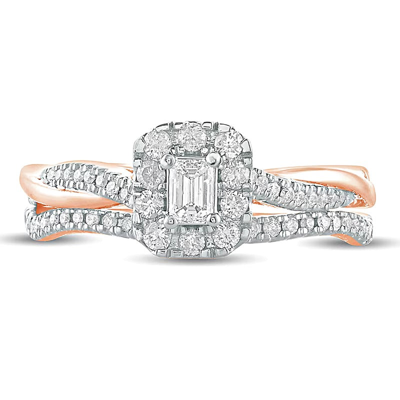 0.5 CT. TW Emerald-Cut Diamond Frame Twist Shank Bridal Set in 10K Rose Gold