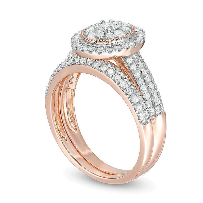 1.0 CT. TW Multi-Diamond Oval Frame Vintage-Style Bridal Set in 10K Rose Gold