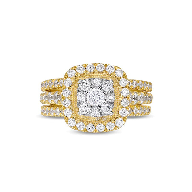 1.5 CT. TW Cushion Multi-Diamond Frame Three Piece Bridal Set in 10K Gold