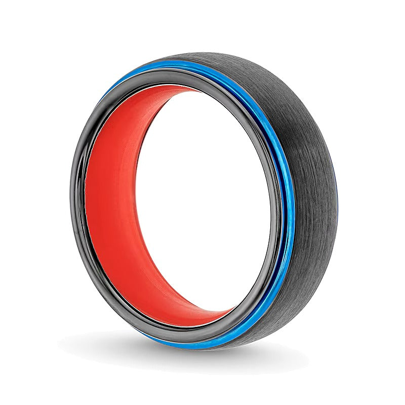 8.0mm Multi-Finish Stepped Edge Wedding Band in Two-Tone Tungsten and Orange Silicone - Size 10