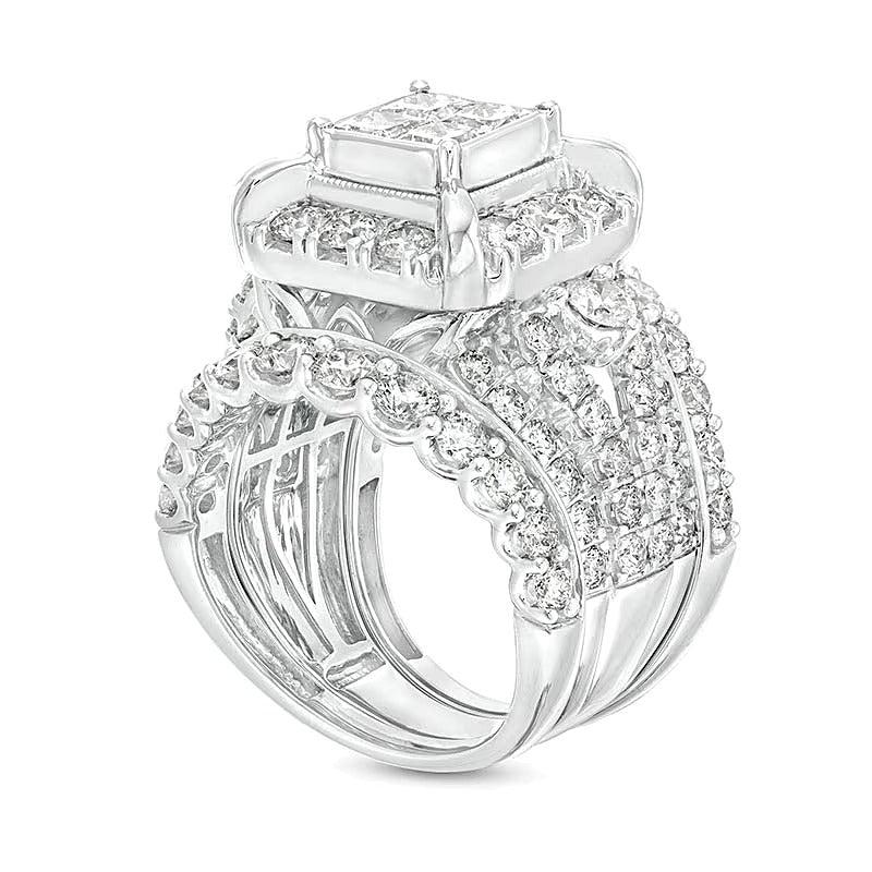 5.0 CT. TW Quad Princess-Cut Diamond Frame Multi-Row Soldered Bridal Set in 14K White Gold