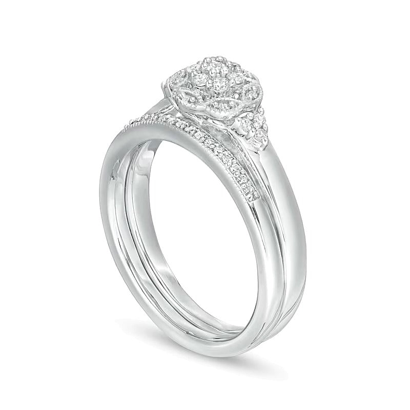 0.25 CT. TW Composite Diamond Hexagonal Frame Tri-Sides Vintage-Style Bridal Set in Sterling Silver