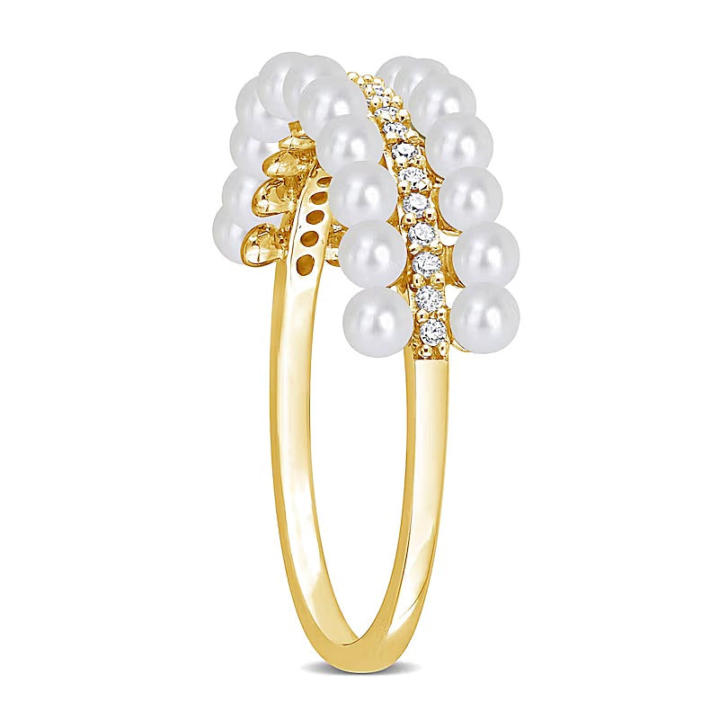 Freshwater Cultured Pearl and 0.1 CT. TW Diamond Triple Row Ring in 10K Gold