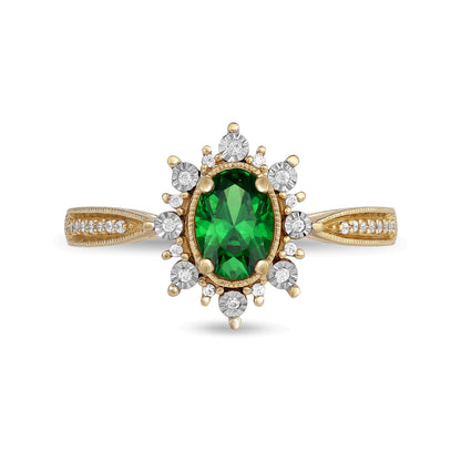 Oval Emerald and 0.1 CT. TW Diamond Sunburst Frame Vintage-Style Tapered Shank Ring in 10K Gold