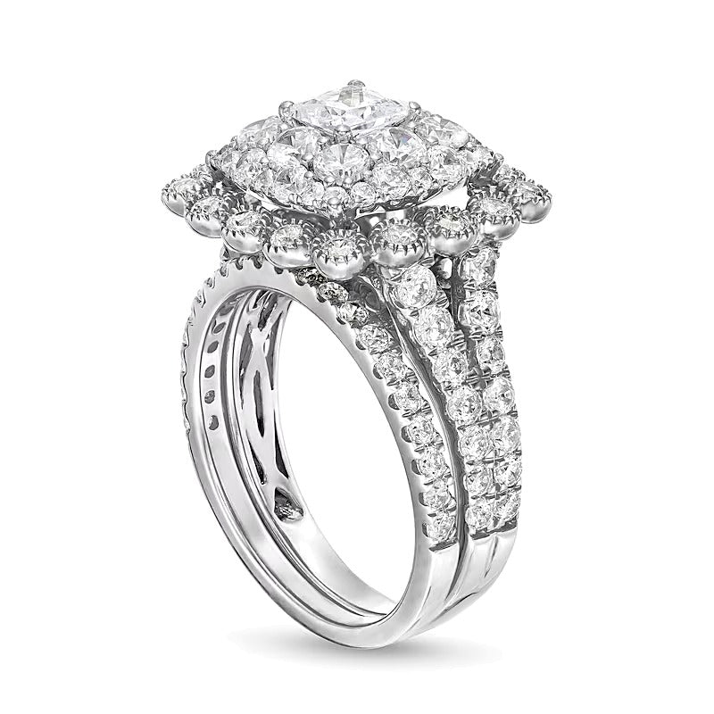 2.75 CT. TW Cushion Multi-Diamond Bubble Frame Vintage-Style Bridal Set in 10K White Gold
