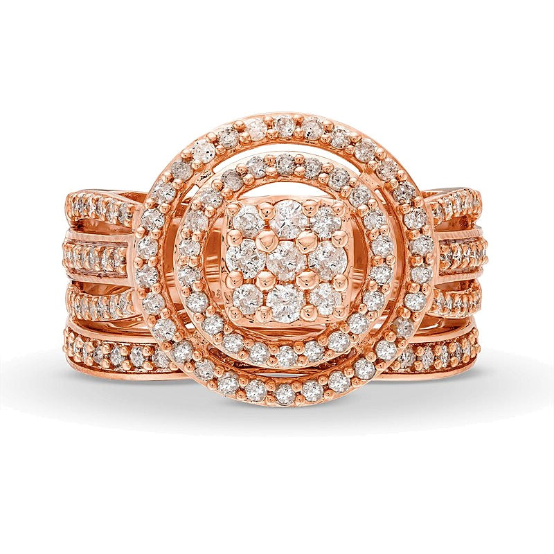 1.0 CT. TW Cushion Multi-Diamond Triple Row Split Shank Bridal Set in 10K Rose Gold