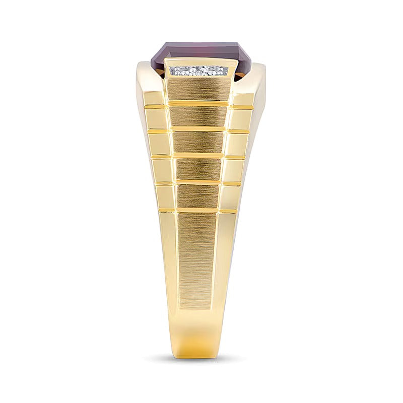 Barrel-Shaped Garnet and Diamond Accent Ribbed Shank Comfort-Fit Ring in 10K Gold