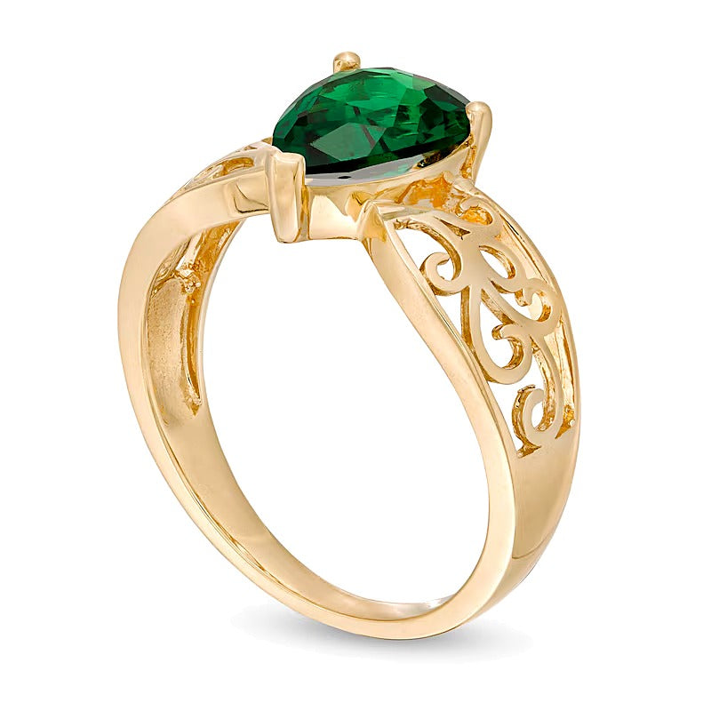 Pear-Shaped Lab-Created Emerald Wide Filigree Ring in 10K Gold