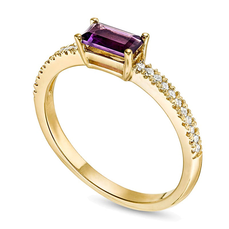 Sideways Baguette Amethyst and 0.1 CT. TW Diamond Stackable Ring in 10K Gold