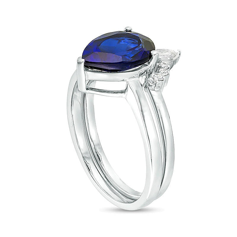 Pear-Shaped Lab-Created Blue Sapphire, White Topaz and 0.05 CT. TW Diamond Crown Bridal Set in 10K White Gold
