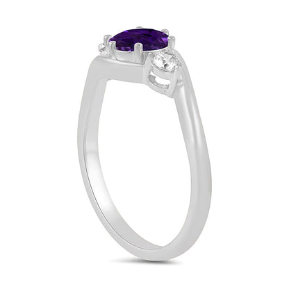 6.0mm Amethyst and 0.2 CT. TW Lab-Grown Diamond Three Stone Bypass Ring in 14K White Gold