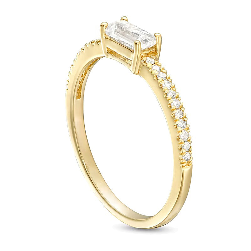 Sideways Baguette White Lab-Created Sapphire and 0.1 CT. TW Diamond PavÃ© Ring in 10K Gold