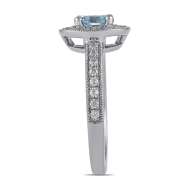 6.0mm Aquamarine and 0.38 CT. TW Lab-Grown Diamond Frame Vintage-Style Ring in 14K White Gold
