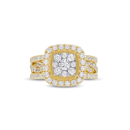 1.63 CT. TW Cushion Multi-Diamond Twist Shank Three Piece Bridal Set in 10K Gold