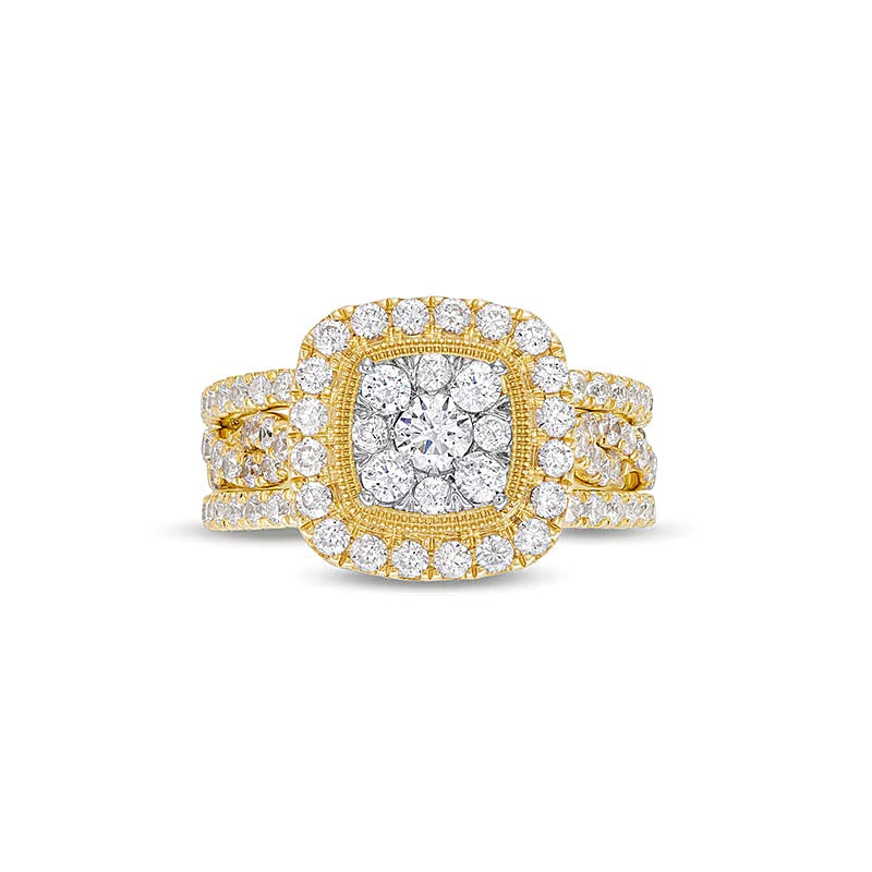 1.63 CT. TW Cushion Multi-Diamond Twist Shank Three Piece Bridal Set in 10K Gold