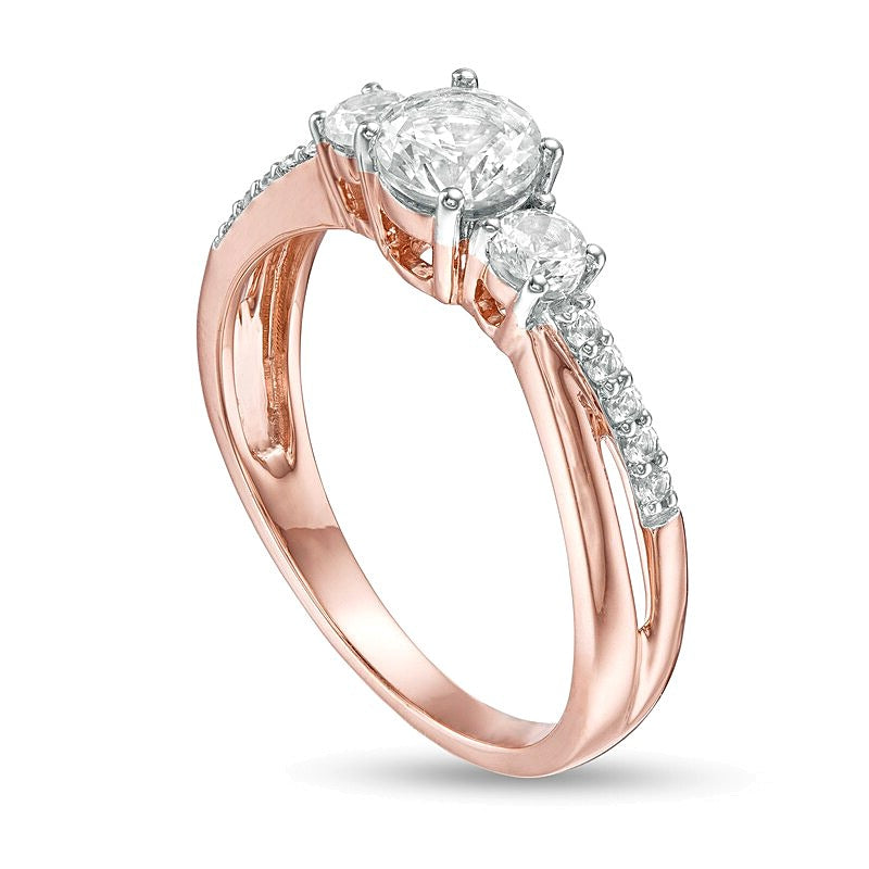 Lab-Created White Sapphire Three Stone Split Shank Ring in 10K Rose Gold