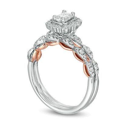 0.75 CT. TW Emerald-Cut Diamond Frame Scallop Shank Bridal Set in 14K Two-Tone Gold (I/SI2)
