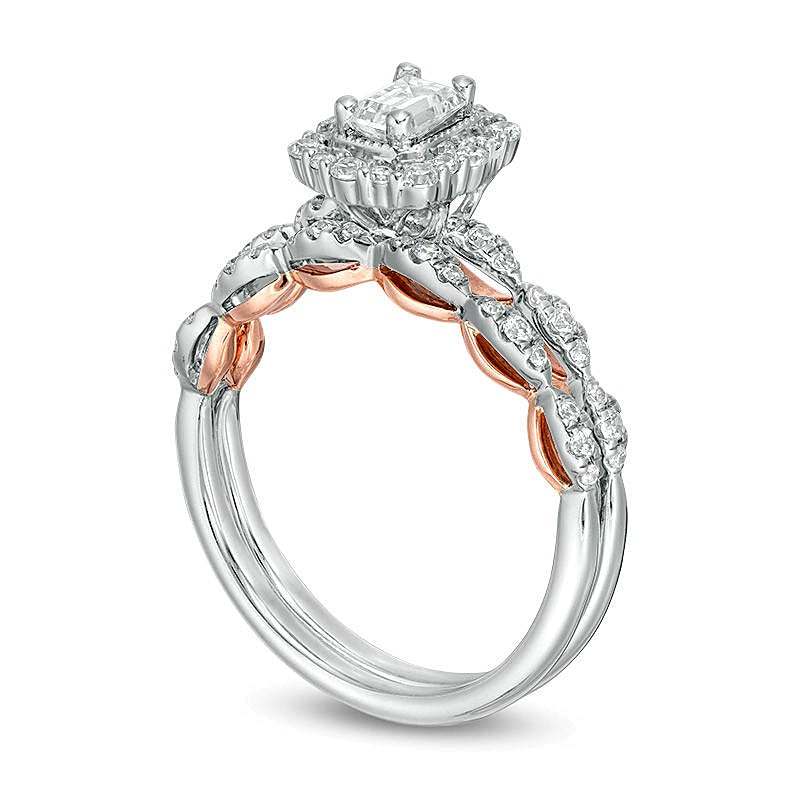 0.75 CT. TW Emerald-Cut Diamond Frame Scallop Shank Bridal Set in 14K Two-Tone Gold (I/SI2)