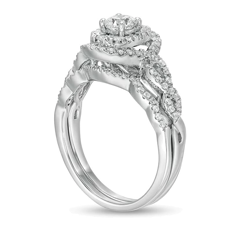 1.0 CT. TW Diamond Double Oval Frame Twist Shank Bridal Set in 10K White Gold