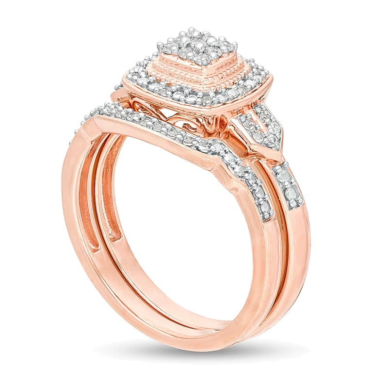 0.2 CT. TW Composite Diamond Cushion Frame Vintage-Style Bridal Set in Sterling Silver with 14K Rose Gold Plate