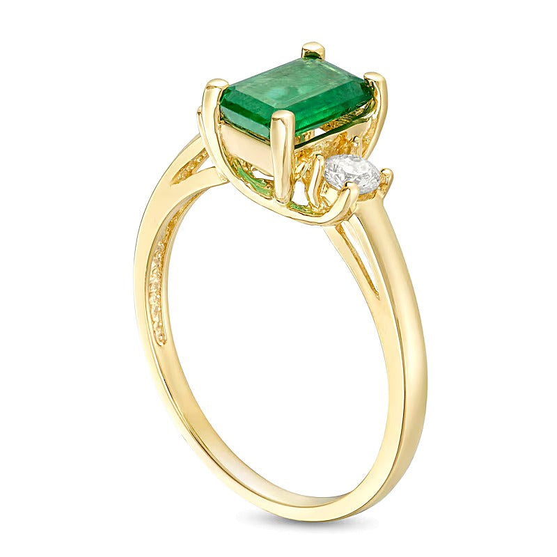 Emerald-Cut Emerald and 0.2 CT. TW Diamond Three Stone Ring in 14K Gold