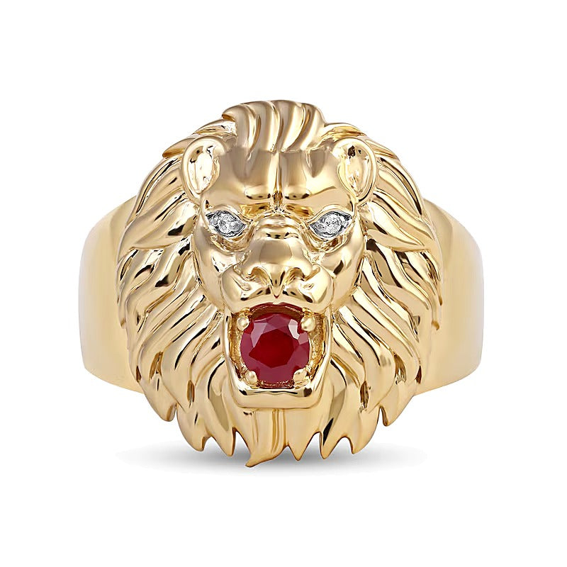 Ruby and Diamond Accent Lion's Head Ring in 10K Gold